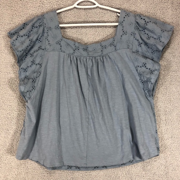 Lane Bryant Blue Eyelet Blouse Size 18/20 Boho Cottagecore Flutter Sleeve Cotton - Picture 8 of 14